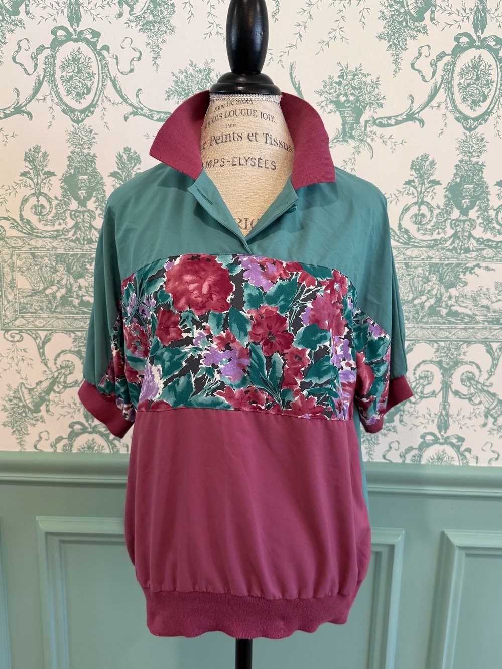 Vintage 80s Lykettes Colorblock Floral Short Sleeve Polo Shirt USA Made - Sz L